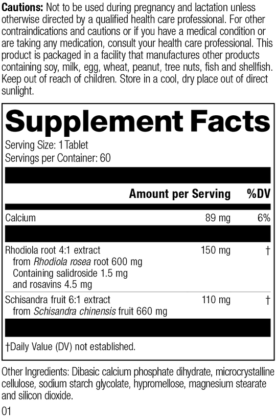 L1800 Rhodiola Schisandra R01 Supplement Facts Label